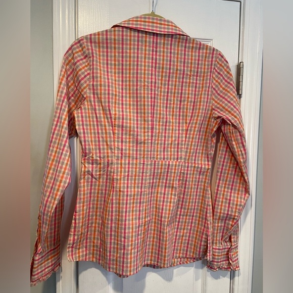 Vineyard Vines Size S Pink Plaid Ruffle Front Long Sleeve Button Down Shirt - Picture 7 of 9